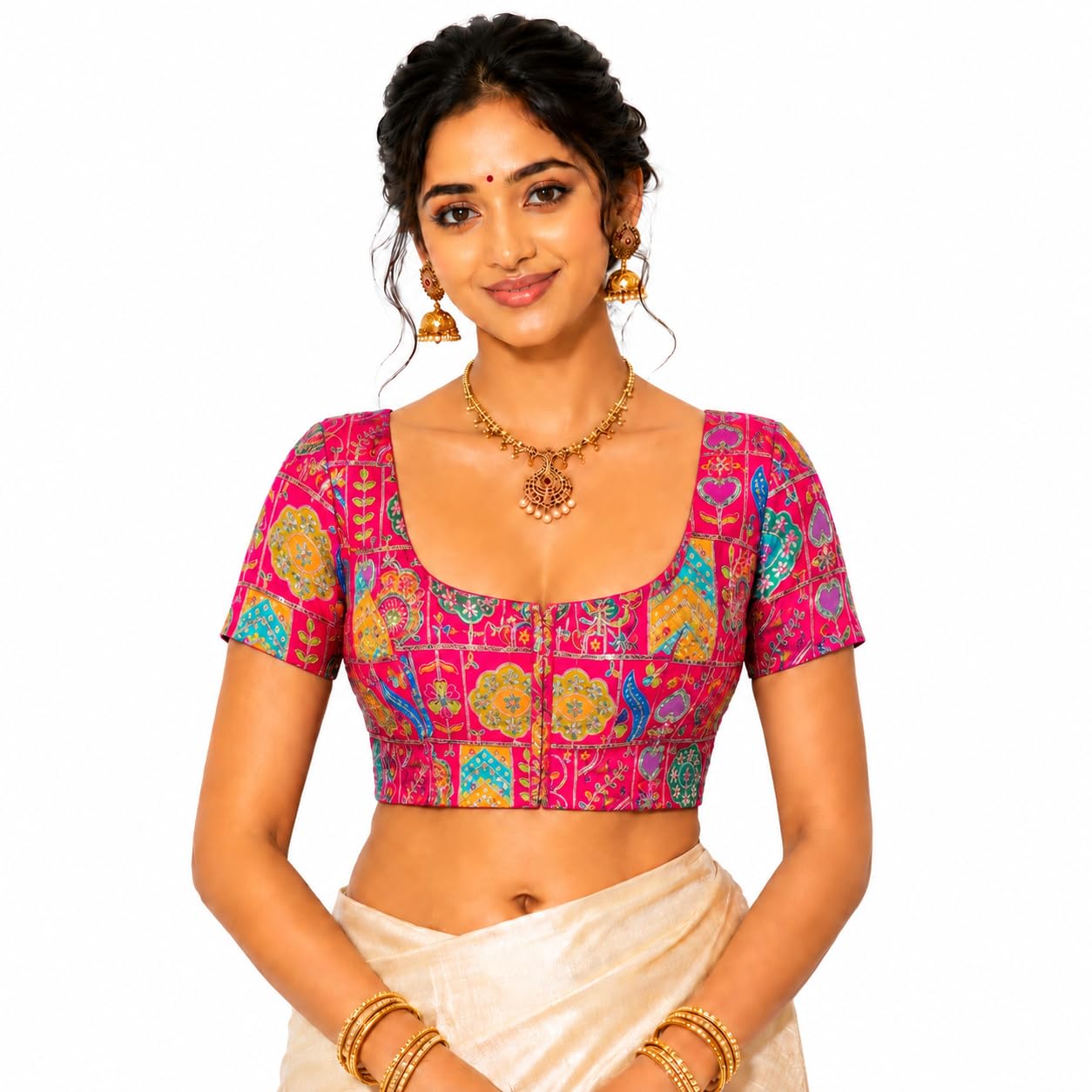 Women's Readymade Printed Saree Blouse | Cotton Blend Designer Blouse | Square Neck Half Sleeve | Front Open Hook Ethnic Blouse for Women | Multicolor-picture-46