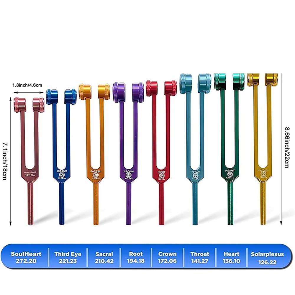 NEWFUN Stimmgabel,Stimmgabel Neurologie,8er Set mit Sockel + 1 Silikonhämmer und Reinigungstücher für Klangtherapie Gewichtete Stimmgabel Geeignet für Meditation, Anti-Kompression