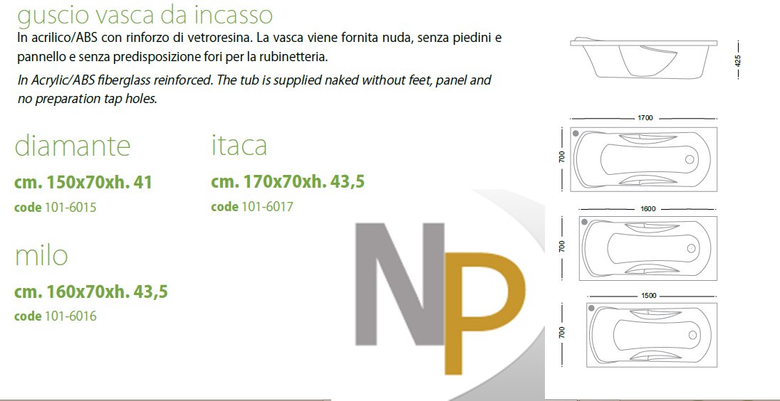 Gladh - guscio vasca rettangolare mod. itaca cm. 170 x 70 s/pannello