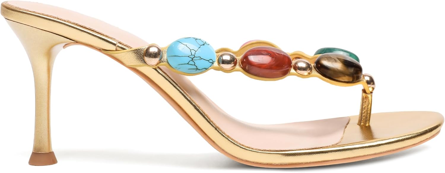 Women's Jeweled Thong Strappy Sandal Summer Mules Kitten Heels Flip Flop Round Open Toe Mid Heels Fashion Wedding Party Dress Thong Casual Shoes - Image 5