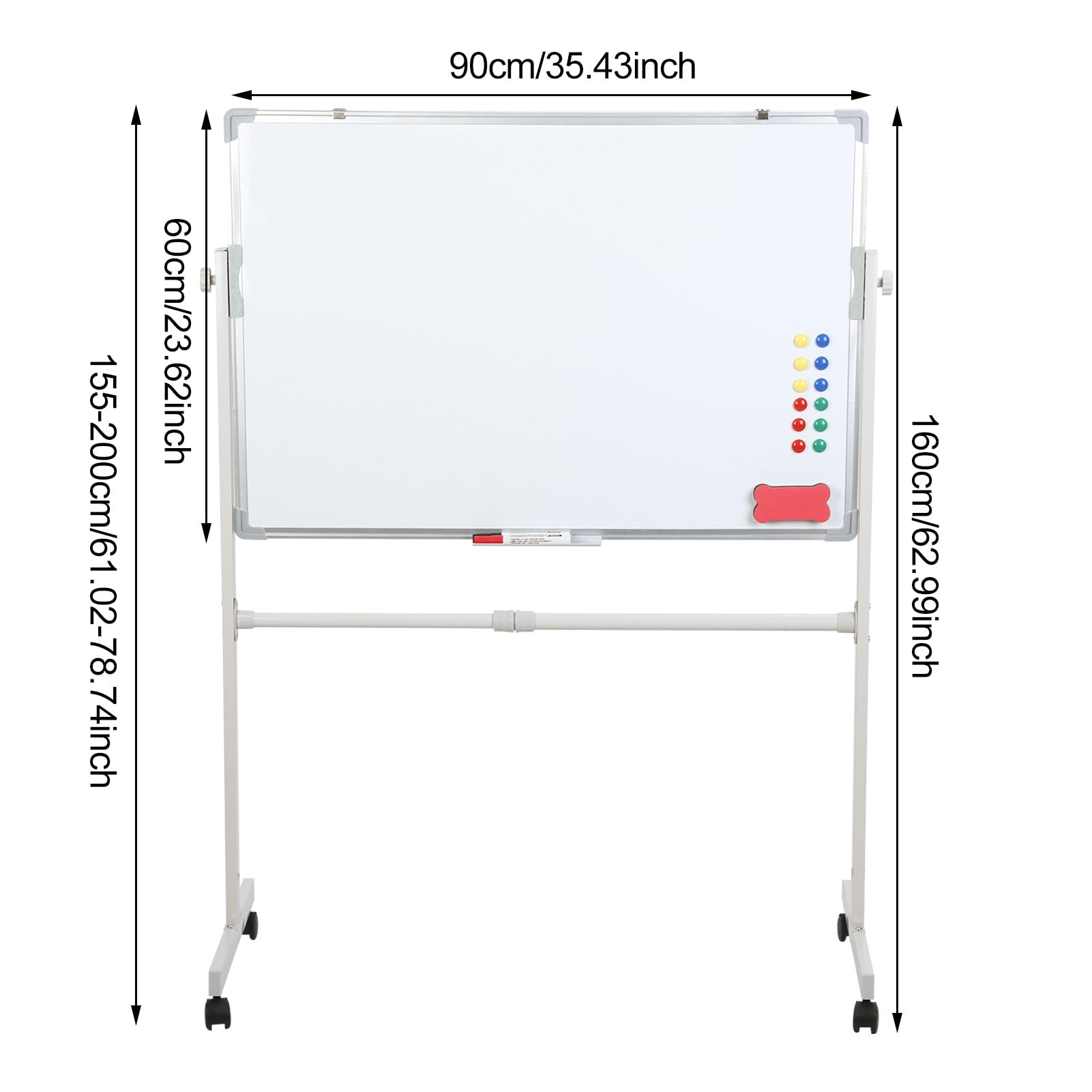 Dwustronna mobilna tablica suchościeralna z kółkami, magnetyczna tablica suchościeralna do klasy, biura, z 5 markerami, 12 magnetycznymi gwoździami i 1 gumką, biała