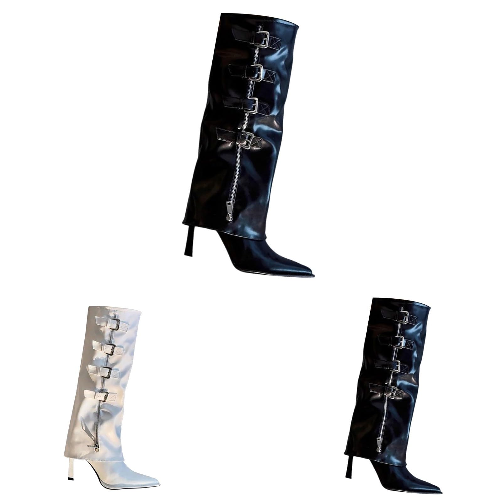 Stivaletti da donna al ginocchio, in pelle laccata, a mezza altezza, con tacco a spillo, punta lunga, con chiusura lampo laterale e fibbia, eleganti alla moda