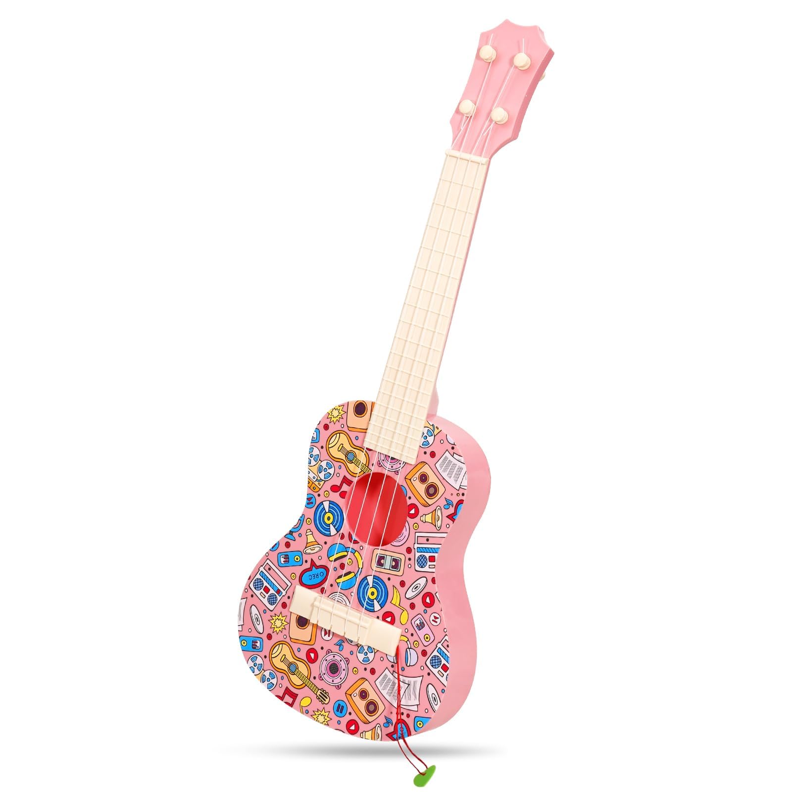 TERRIFI 21in Colorful Graffiti Ukulele for Kids, 4-String Musical Instrument for Learning, Educational Toy with Picks, Ideal for Kids Ages 3-12, Toddler Boys and Girls (Pink)