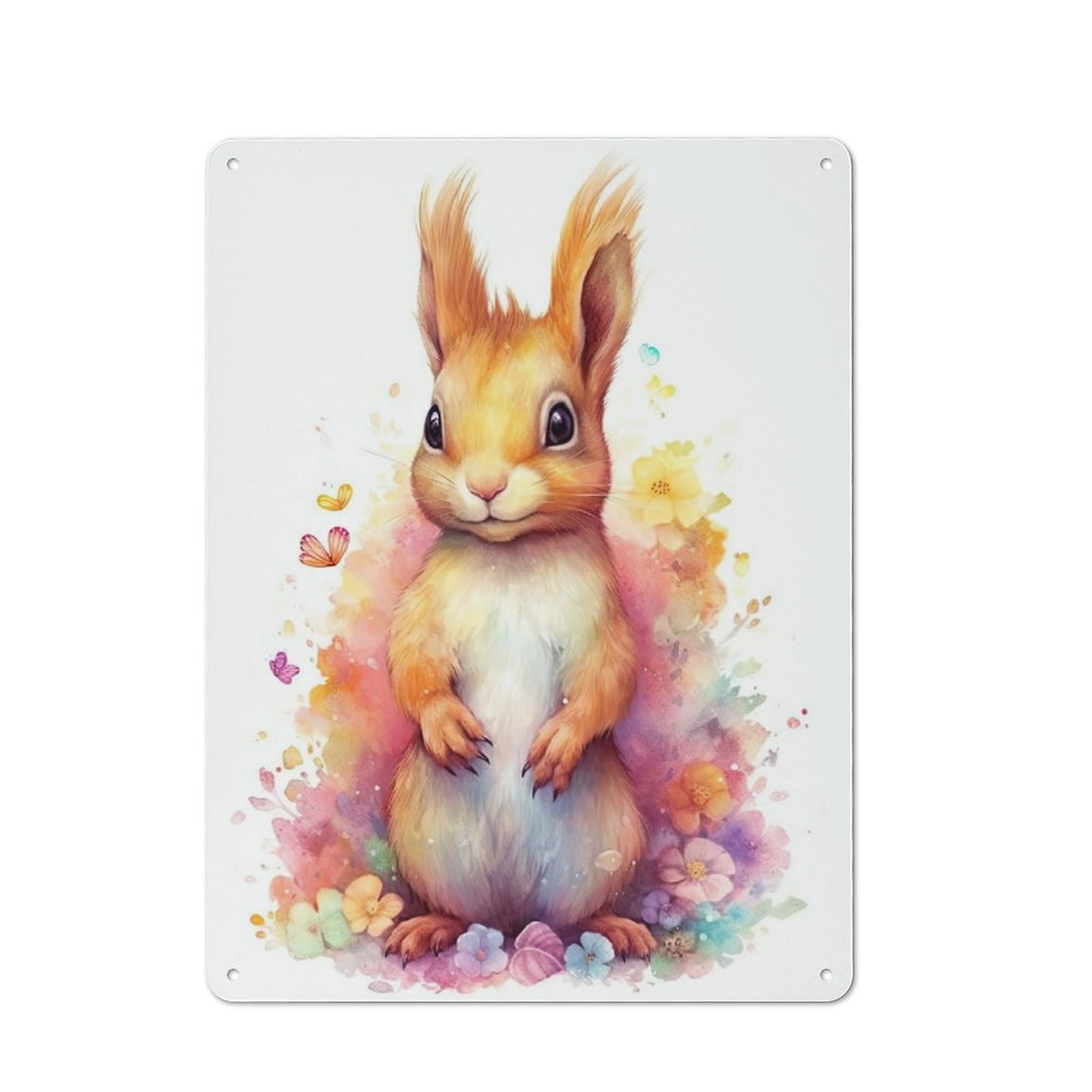 Decorative Metal Plaque with Watercolor Squirrel Art Design 40x30cm, Modern Retro Studio Wall Art for Workspace, Cafe, Hallway Or Garage