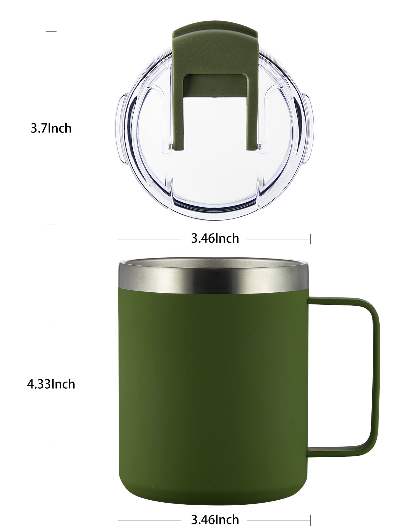 Taza de café aislada de 12 onzas con asa, taza de café de viaje de acero inoxidable con tapa abatible, vaso de café al vacío de doble pared, verde militar