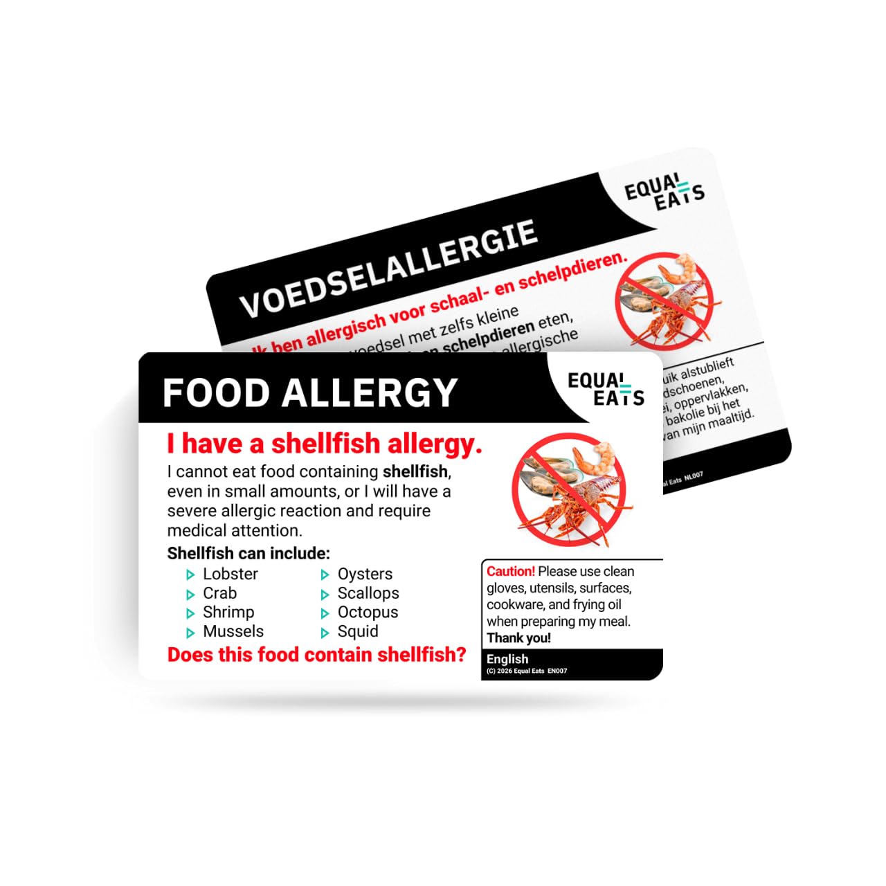 Equal Eats Shellfish Allergy Translation Card, Credit Card Size, English, Food Allergy Alert Card (Dutch)