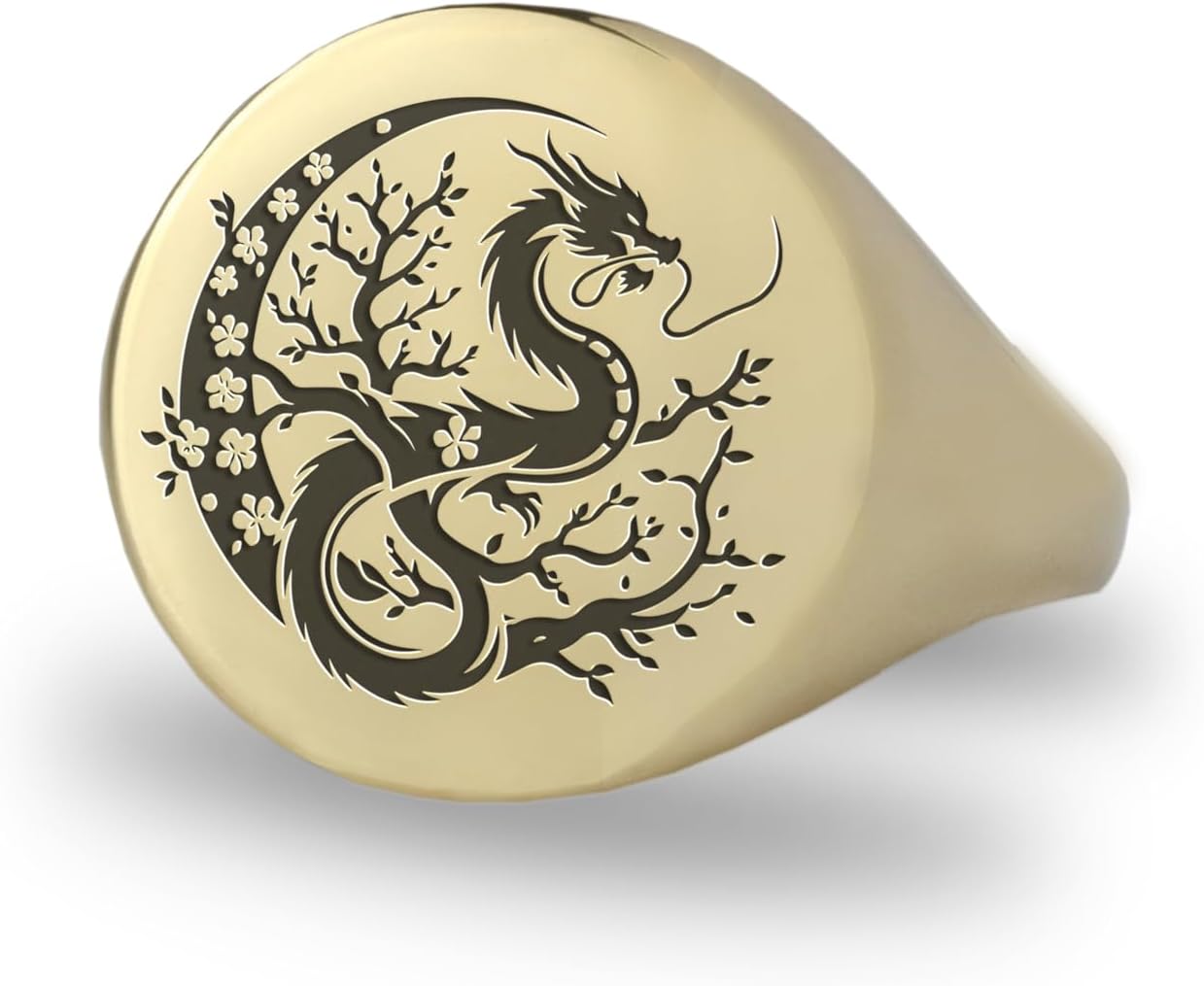 14k Gold Dragon Signet Ring - Engraved Blossom Tree Design - Japanese Influence - Bold Statement Ring - Cultural Jewelry - Unisex Accessory