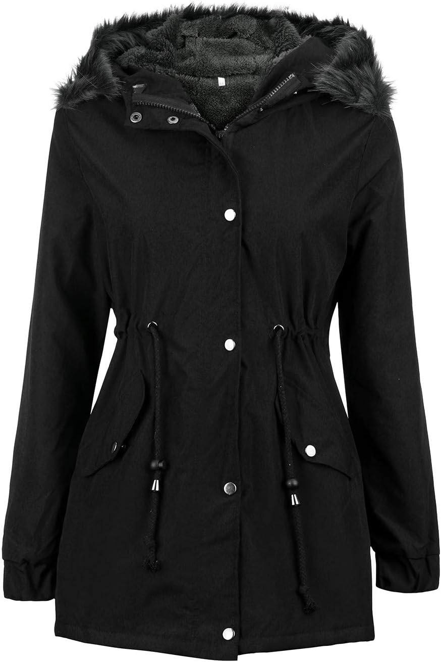 Ellymi Ladies Faux Fur Lining Coat Womens Winter Warm Thick Long Jacket Hooded Overcoat Fashion Trench Coat Jacket
