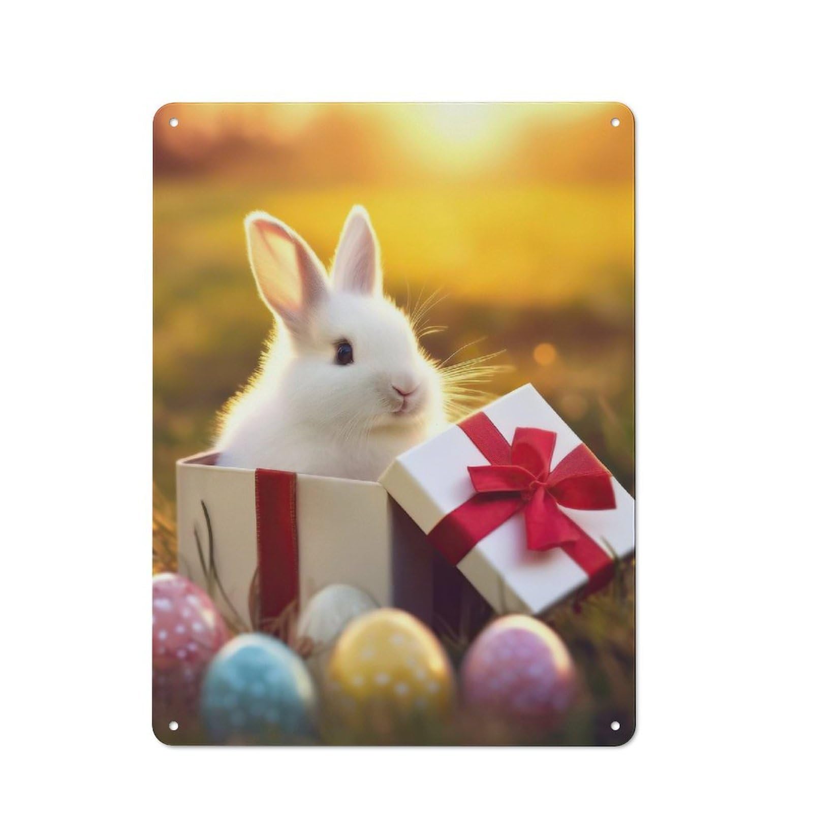 Junmoney Style-16 Vintage Metal Plaque 40X30cm Featuring Easter Bunny Gift Box For Hallway Wall, For Wall Display Collectors