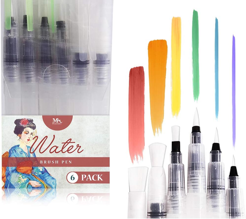 MozArt Supplies Water Brush Pens - Set of 6 Brush Tips - Great for Watercolor Paints, Water Soluble Pencils, Brush Pens, Markers - Refillable Brush Pens - Aqua Pen, Art Brushes