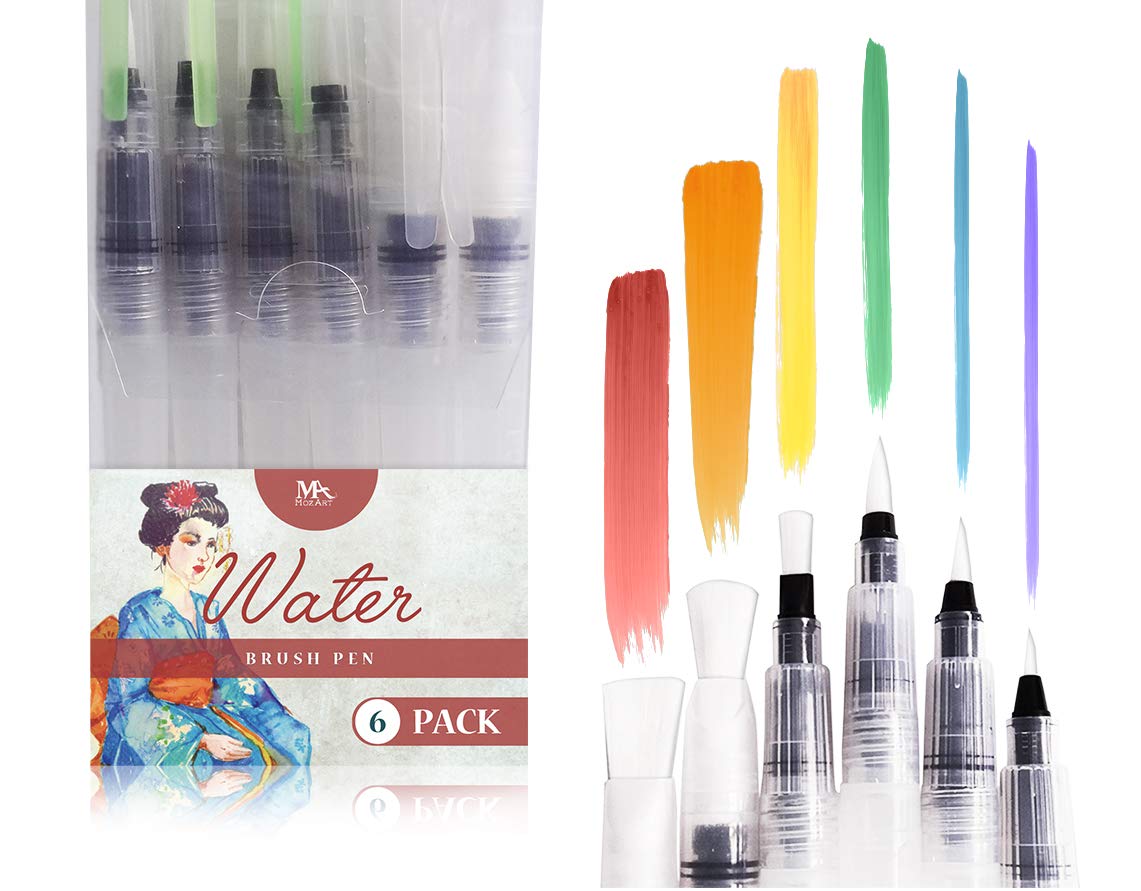 MozArt Supplies Water Brush Pens - Set of 6 Brush Tips - Great for Watercolor Paints, Water Soluble Pencils, Brush Pens, Markers - Refillable Brush Pens - Aqua Pen, Art Brushes
