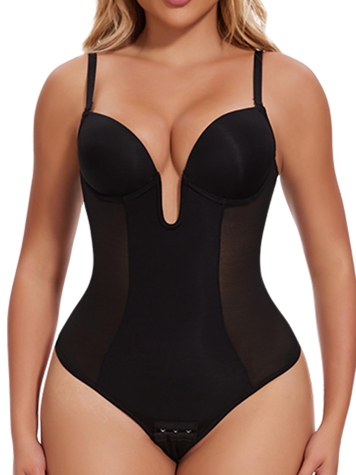 JOYSHAPER Women Shapewear Bodysuit Built in Bra Tummy Control U Plunge Backless Body Shaper Bra Thong Body Suits