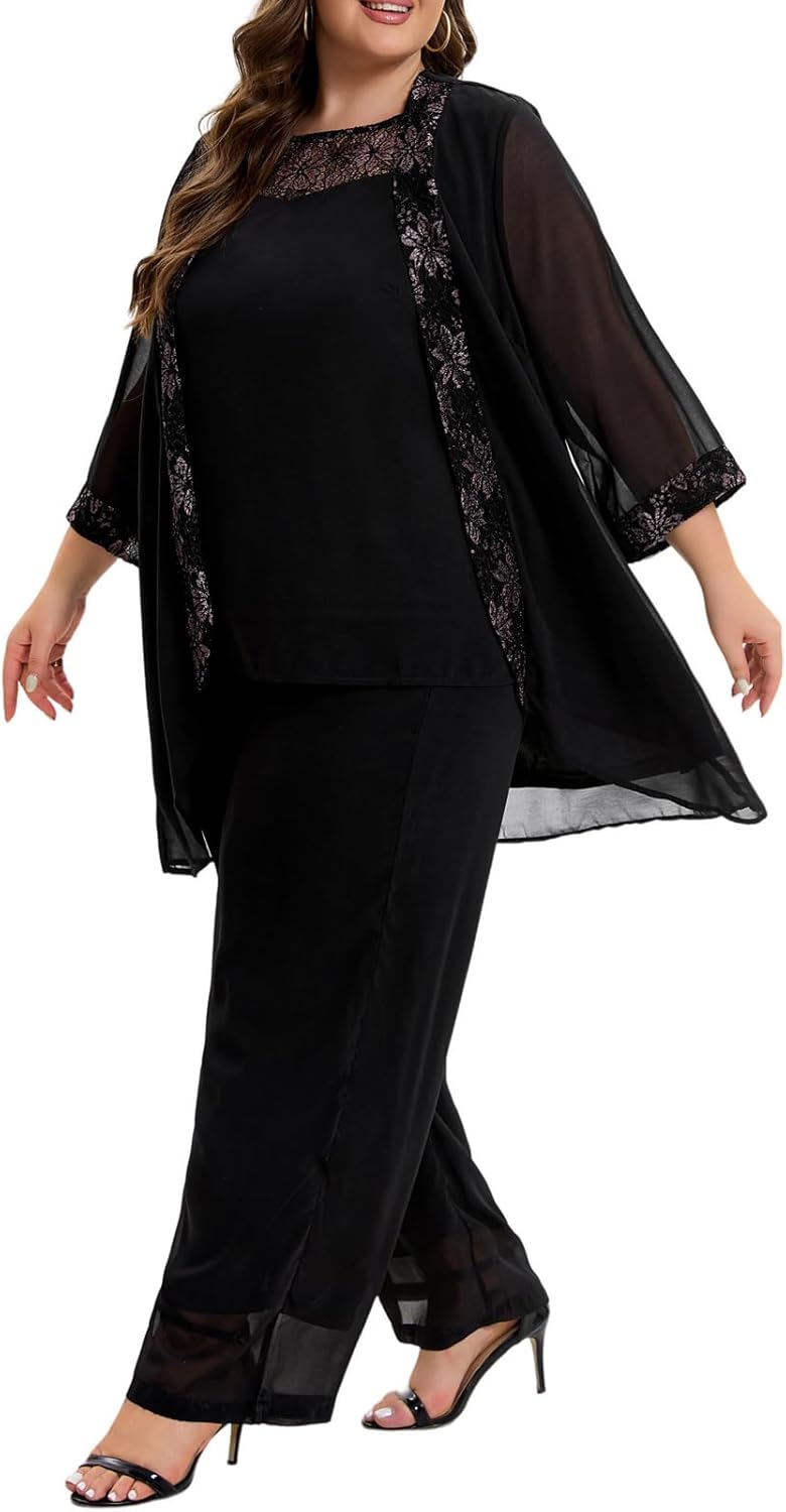 Women's Plus Size Mother of Bride Pant Suits 3 Piece Chiffon Party Sets Lace Splicing Design Evening Gowns - Image 3