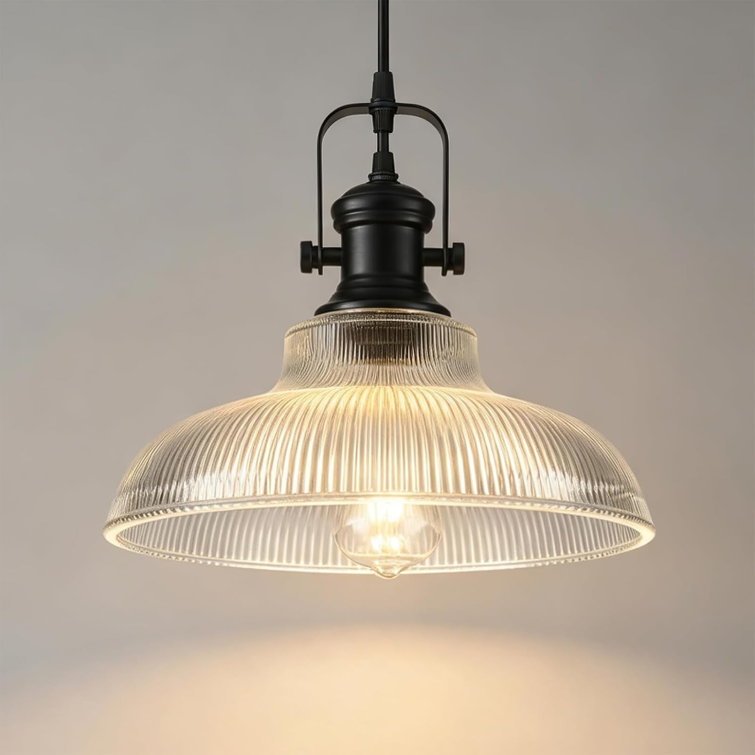 Black Glass Pendant Lights Kitchen Island, 12in, Ribbed Glass Kitchen Pendant Lights Fixture, Farmhouse Pendant Lighting for Dining Room Bedroom Bar Sink, 1 Pack