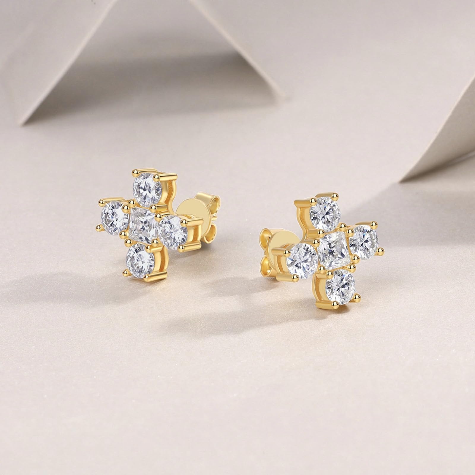 Pendientes de oro de 18 quilates, aretes de tuerca de oro amarillo con flor de cruz, moissanita de 3,2 quilates