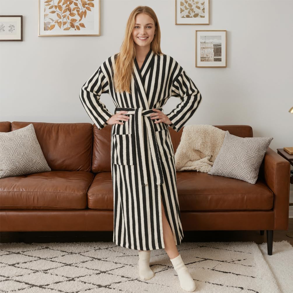 Women's Striped Plush Robe Long Soft Fluffy Bathrobe | Cozy Thick Loungewear, Fuzzy Robe, Color Block
