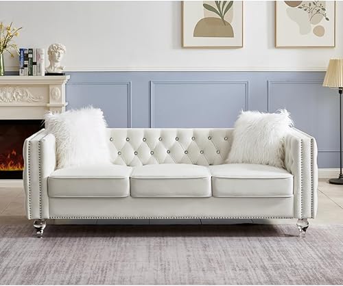Miniatura 99 de i-POOK Sofá Chesterfield de terciopelo de 83 pulgadas de ancho con 3 asientos, 2 almohadas de felpa, patas de cristal y brazos recortados con cabeza