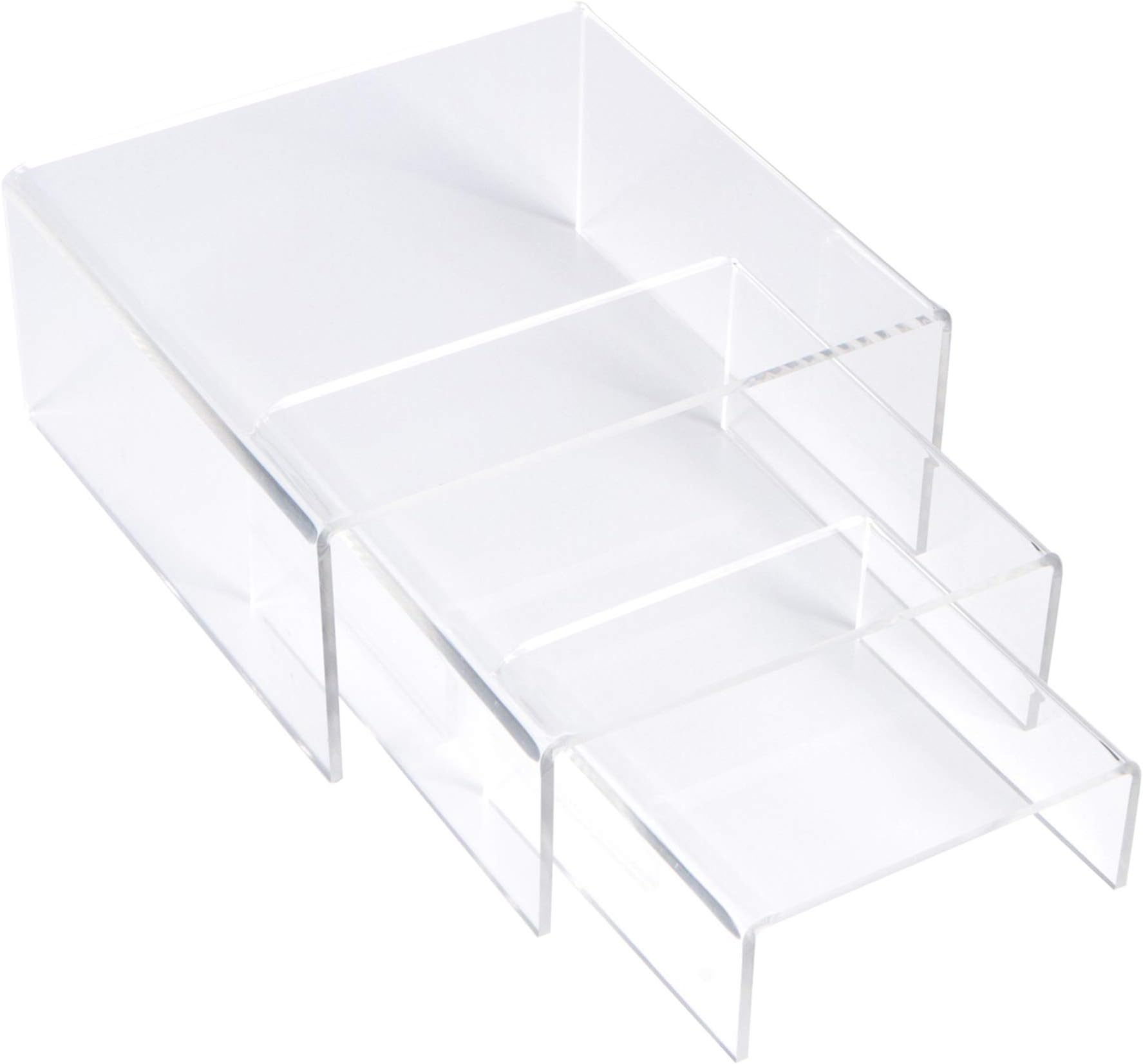 SimbaLux Acrylic Display Risers Clear Stand Set of 3 Medium Low Profile Tiered for Showcasing Food, Cupcake, Dessert, Candy, Jewelry, Figurines, Photos, Retail & Home Decoration, Durable & Steady