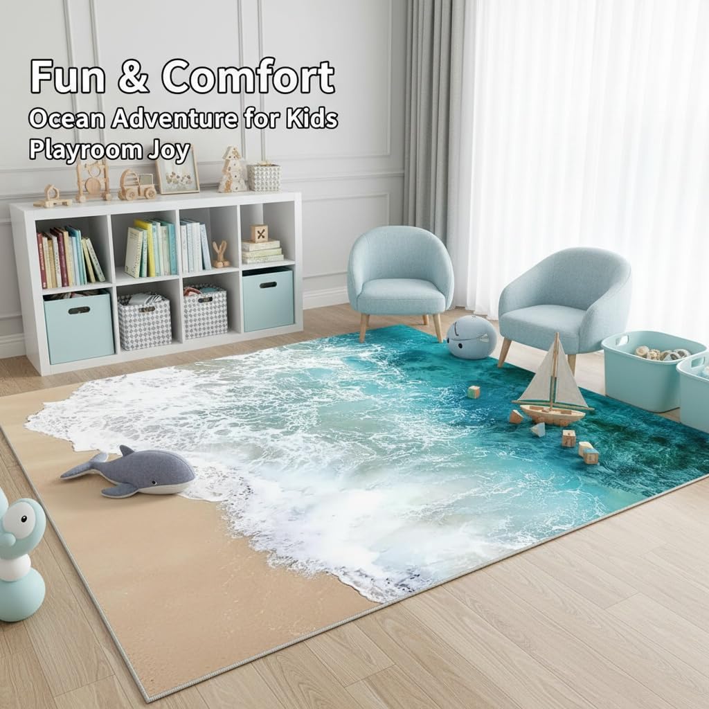 3D Visual Coastal Rugs with Ocean Beach Carpet, 3.9’x5.2' Large Blue Sea Wave Beachy Rug for Livingroom-Non-Slip Nautical Area Mats for Home Tropical Decor (Ocean)
