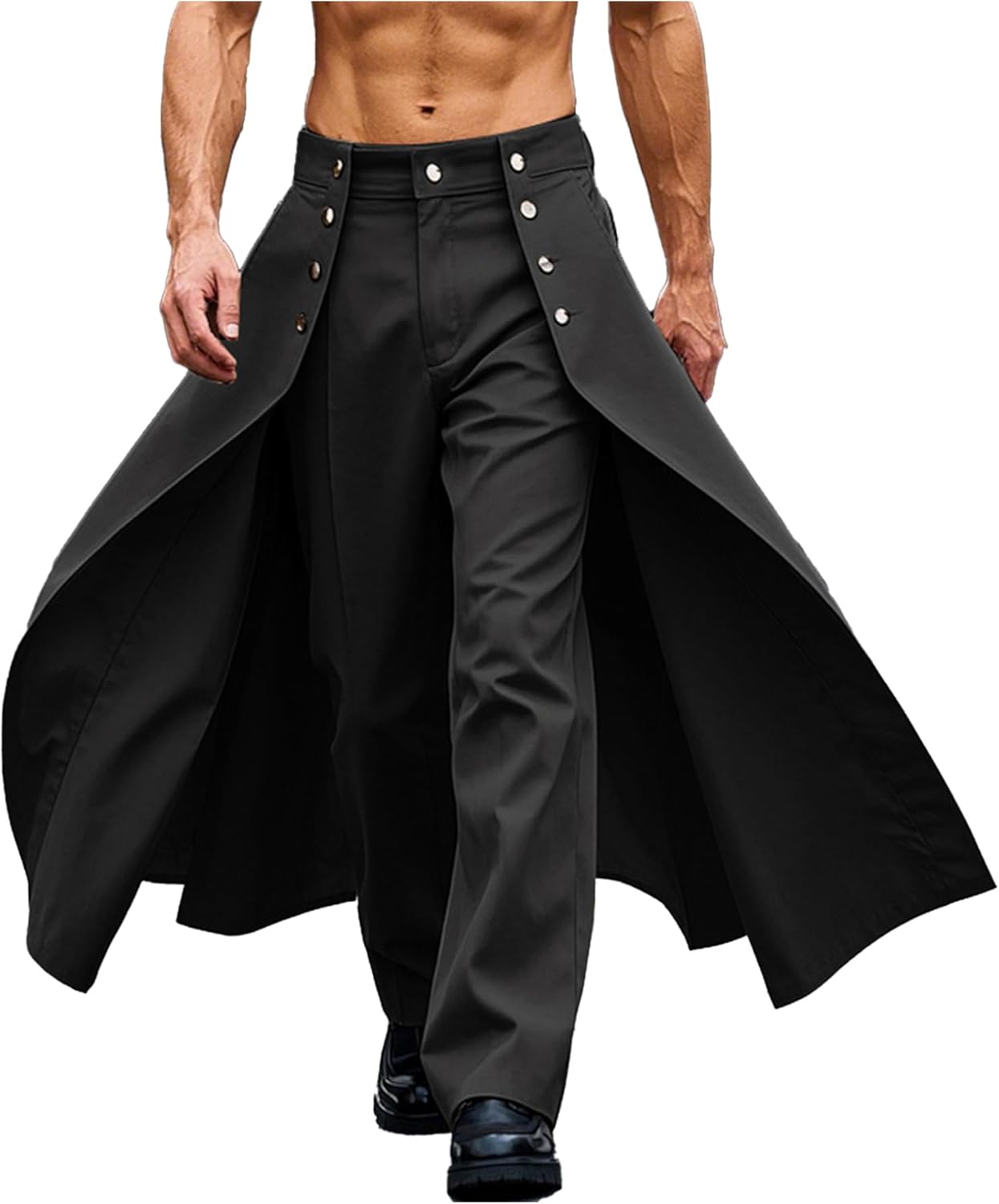 YEAHDOR Mens Steampunk Tailcoat Fashion Pants with Attached Long Tail Buttons Straight Long Pants Cosplay Costume for Halloween Black X-Large