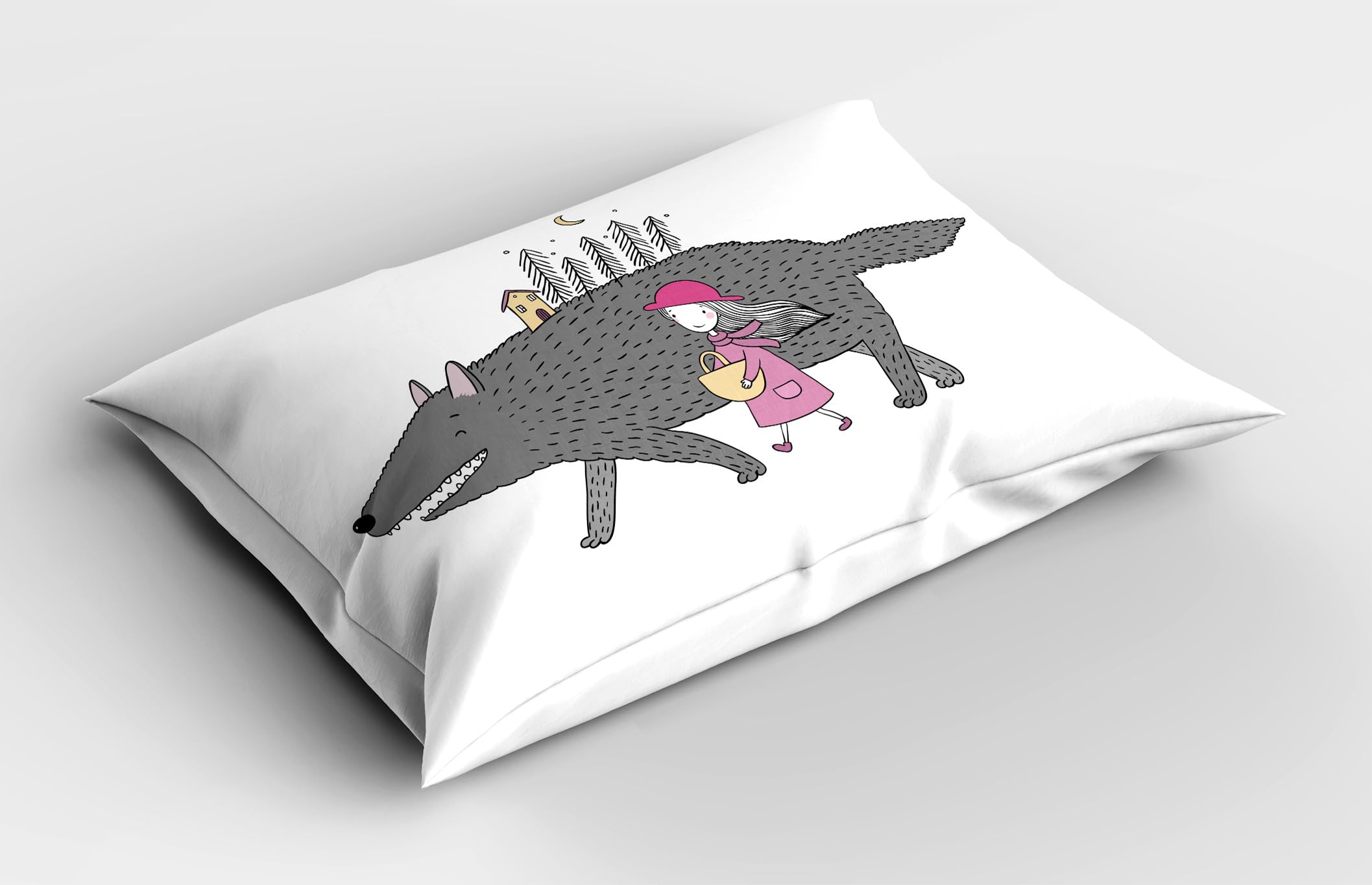 Ambesonne Fantasy Pillow Sham Set of 2, Girl in a Pink Dress Walking with a Giant Wolf Fir Forest and a Small House, Quality Microfiber Bedding Item for All Seasons, 30