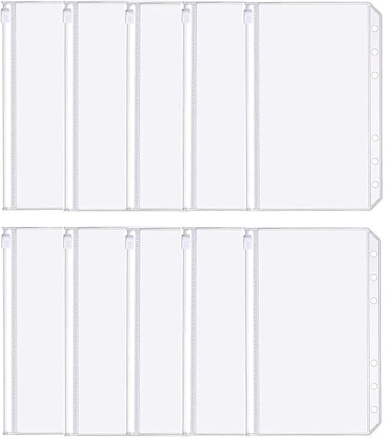 gishane 10 pcs A6 Size Punched Budget Binder Pockets, 6 Holes Plastic Binders Waterproof Money Saving Wallet Transparent Zipper Loose Leaf Bags for Documents Notebooks Cards