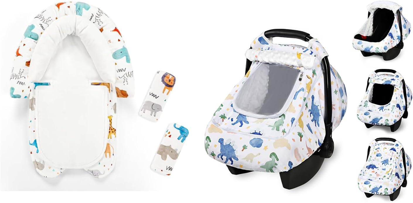 Infant Car Seat Insert & Strap Cover for Baby Boys, 2 in 1 Carseat Head Support Newborn, Ultra Soft Car Seat Cushion for Babies, Baby Car Seat Cover for Girls, Infant CarSeat Covers with Mesh
