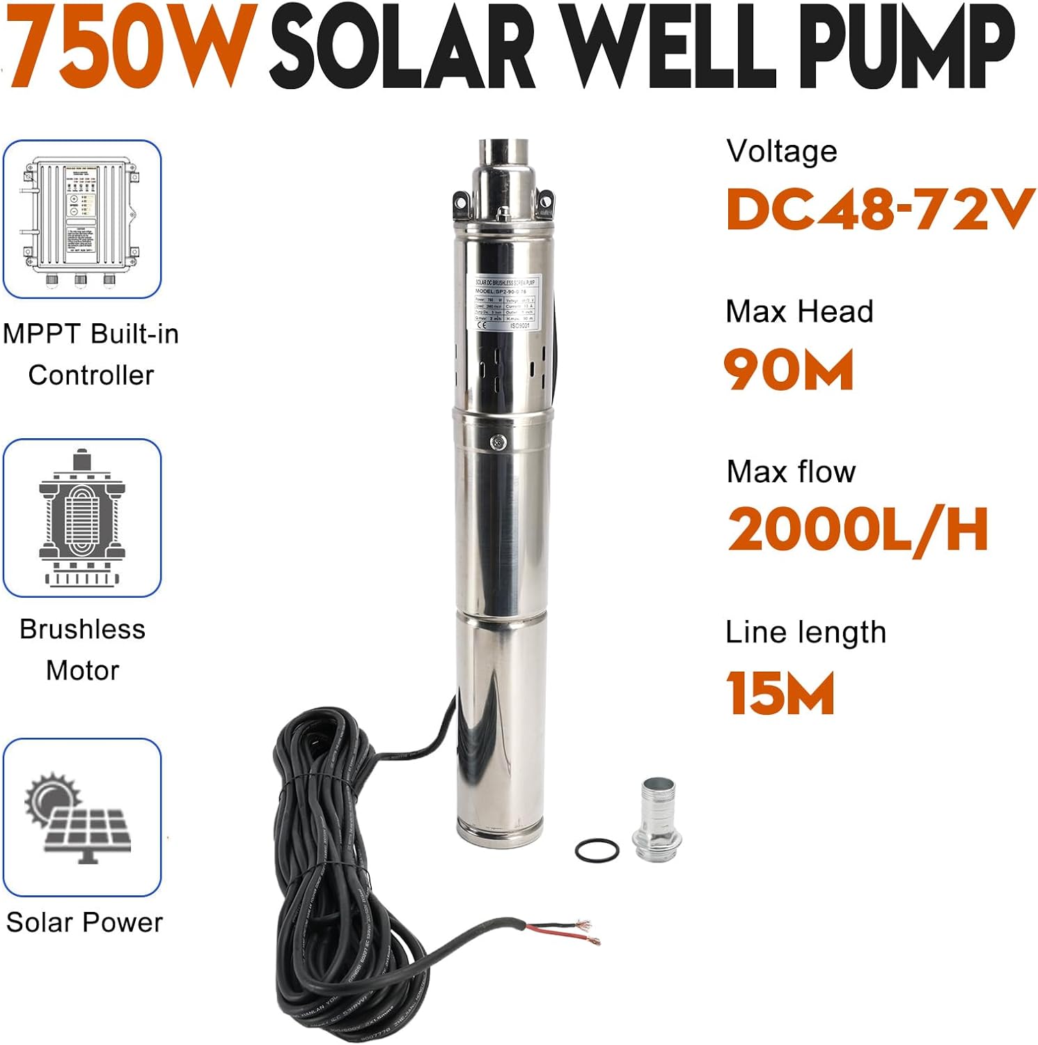Areyourshop 3" 48V 750W MPPT Screw Solar Bore Pump Submersible Deep Well Hole Steel 90M 750W Deep Well Solar Pump with 15M Line