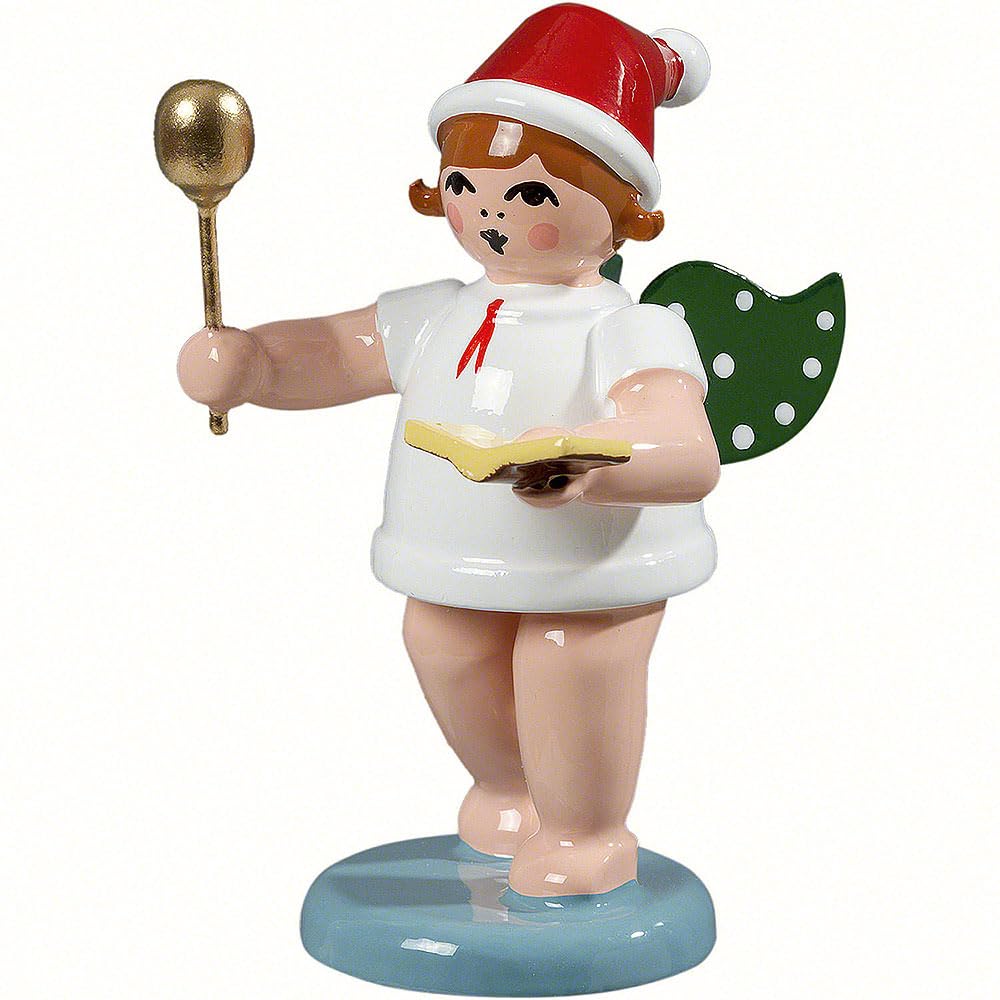 KDE Ellmann Baker Angel with Hat, Spoon and Cook Book - 6,5 cm / 2.5 inch - grüne Flügel - Weihnachtsengel Erzgebirge