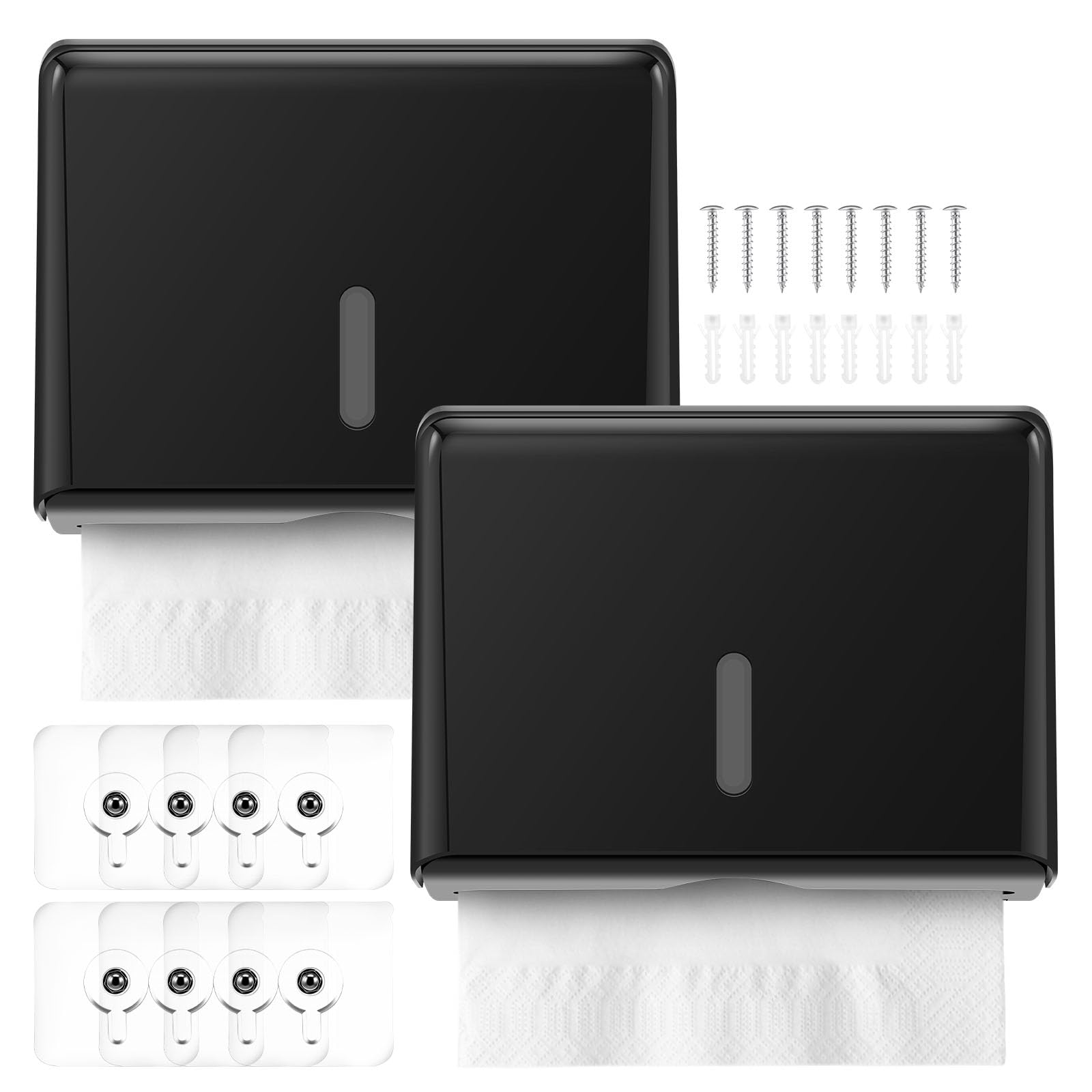 2Pcs Multifold Paper Towel Dispenser, Wall Mounted Plastic Hand Towel Holder Up to 200 Sheets, Adhesive Tissue Dispenser for Bathroom Restroom Commercial