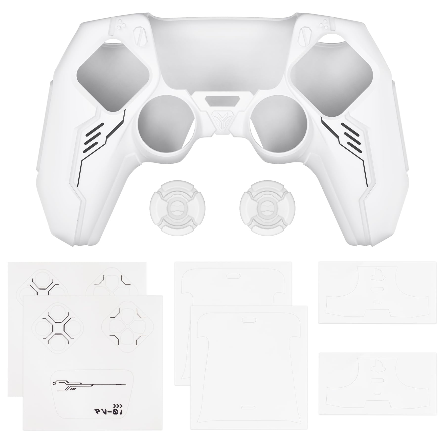 playvital Cover Controller per ps5 Joystick Custodia Silicone Skin Antiscivolo Grip Ergonomico, 2 Copri Analogici e 6 Adesivi, Adatto per Stazione di Ricarica, Mecha-Bianco