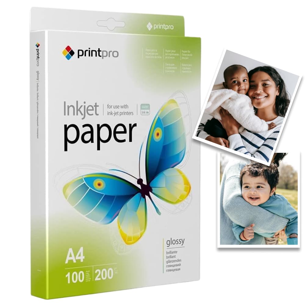 PrintPro A4 Glossy White Photo Paper - Ideal for Inkjet Printers - Glossy A4 Photo Paper - Water and Dry Resistant - 200gsm A4-100 Sheets