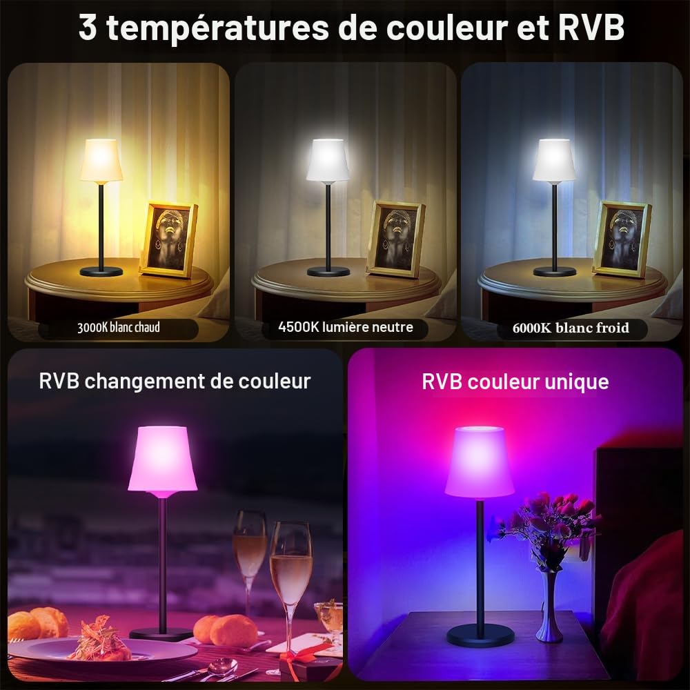 Lampe de Table Sans Fil Lot de 2 Avec 3 Température de Couleur +RGB LED Lampe de Chevet Rechargeable Intensité Variable Contrôle Tactile IP54 Etanche pour Exterieur Chambre Dîner Restaurant