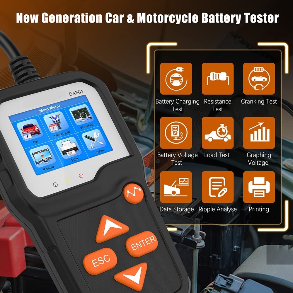 Tester baterii, Ba301. Tester baterii samochodowej 1 2V 6V. Test korbowania motocyklowego 2000 CCA. Baterie łodzią Ładowarka Obwód samochodowych Narzędzia samochodowe