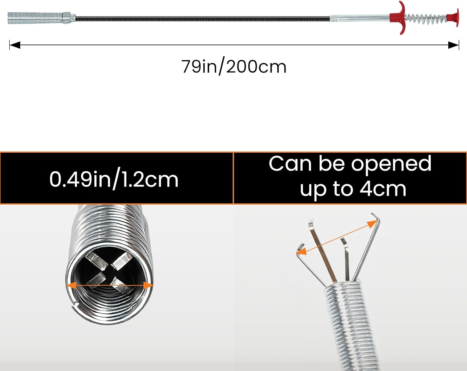 drain snake, 79-inch drain clog remover tool, flexible grabber claw for bath tub, toilet, kitchen sink & sewer 79 inch