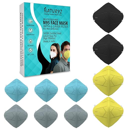 Naturyz N95 NIOSH & ISO Certified Reusable 3D ERGONOMIC HONEYCOMB Face Mask With 6 Layer Protection, Nose pin & Adjustable Ear Loops With 95% Filtration (Multicolour)