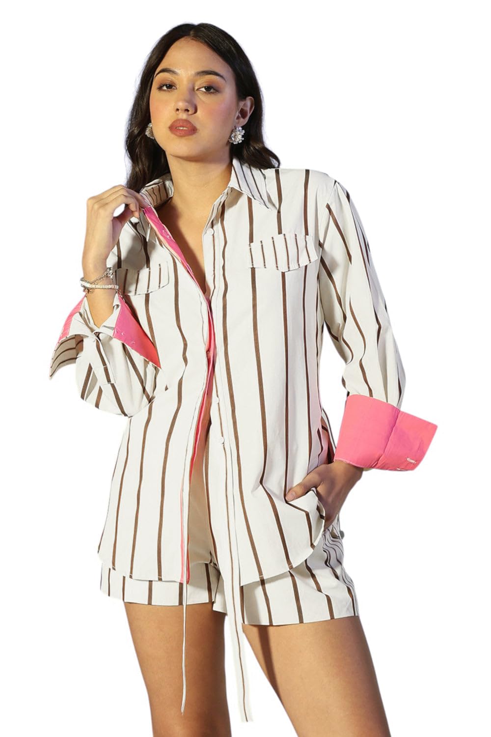 Edition Women's Striped Brown Longline Shirt and Shorts Co-Ord Set-CHN-3308_Brown-P-image-3