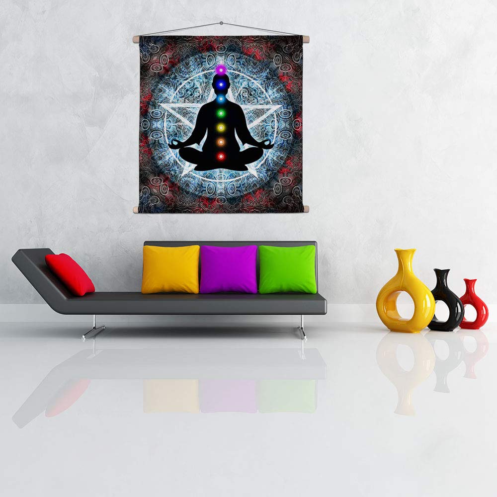 Indian Collectible - Arazzo da appendere in tessuto di seta, motivo: meditazione con chakra, 76 x 76 cm