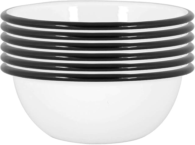 Argon Tableware White Enamel Bowls - Metal Outdoor Camping Food Dishes - 16cm - Black - Pack of 6