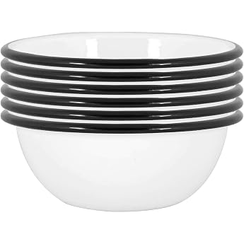Argon Tableware White Enamel Bowls - 16cm - Black - Pack of 6
