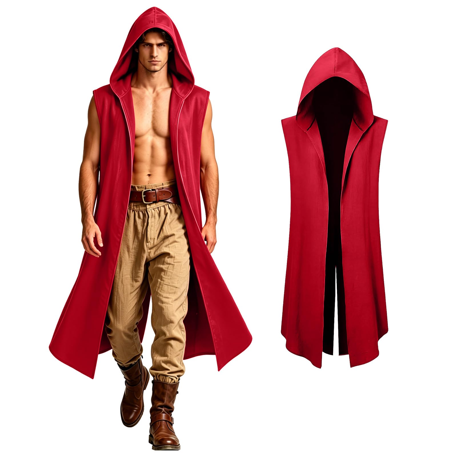 Abrigo renacentista con capucha para hombre, medieval, frente abierto, sin mangas, túnica de caballero para Halloween
