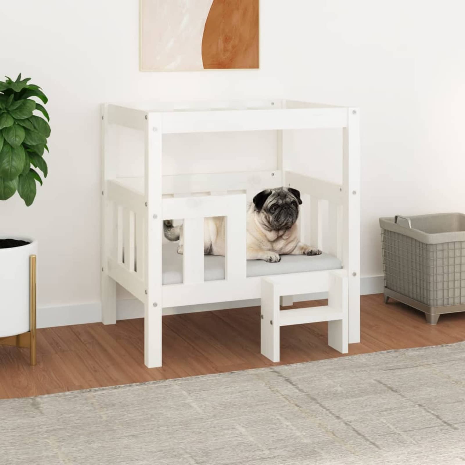 Lechnical Cuccia per Cani Bianco 65,5x43x70 cm in Legno Massello di Pino,Cuccia per Cani,Cuccia per Cani da Interno,Letto per Cani,Cuccia Letto