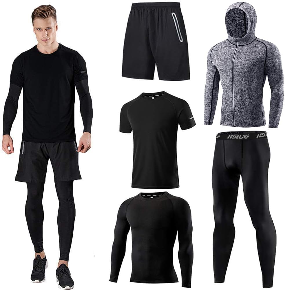Men's Sports Running Set (Pack of 4 or 5) Athletic Shirt+Short/Compression Shirt+Pants with Coat Tracksuit Gym Suits
