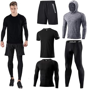 Holure Men's Sports Running Set Pack of 4 or 5 Athletic Shirt+Short/Compression Shirt+Pants with Coat Tracksuit Gym Suits
