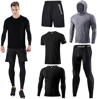 Sponsored Ad – Men's Sports Running Set (4 or 5 Pack), Athletic Shirt + Shorts/Compression Shirt + Trousers with Coat, Tra...