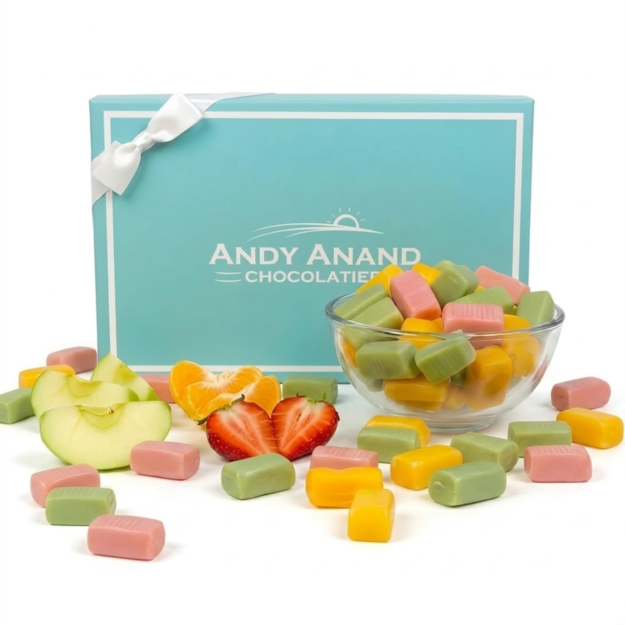 ANDY ANAND CHOCOLATIER Sugar Free & Gluten Free Fruit Taffy Toffees - Trio of Strawberry, Orange & Lemon Flavors, Made in Europe, Individually Wrapped