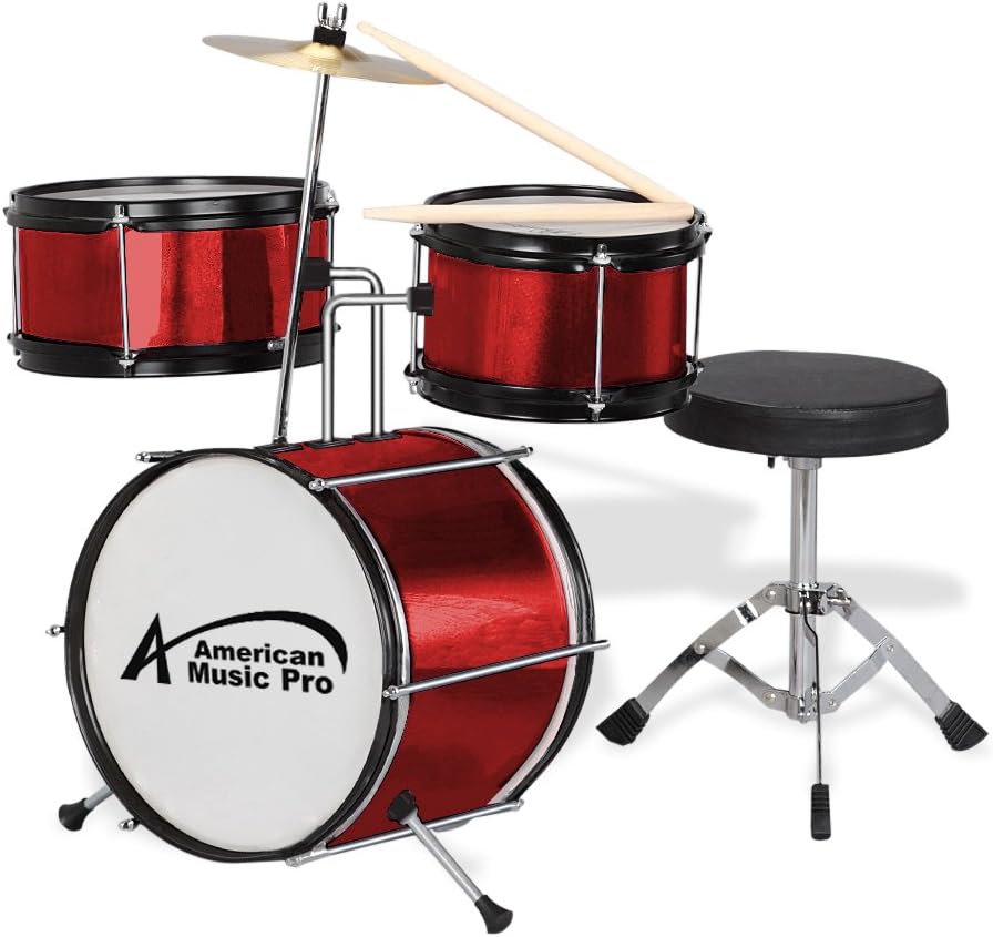 Childs Drum Set with Bass Drum, Snare, Cymbals, Seat, and Sticks - Red