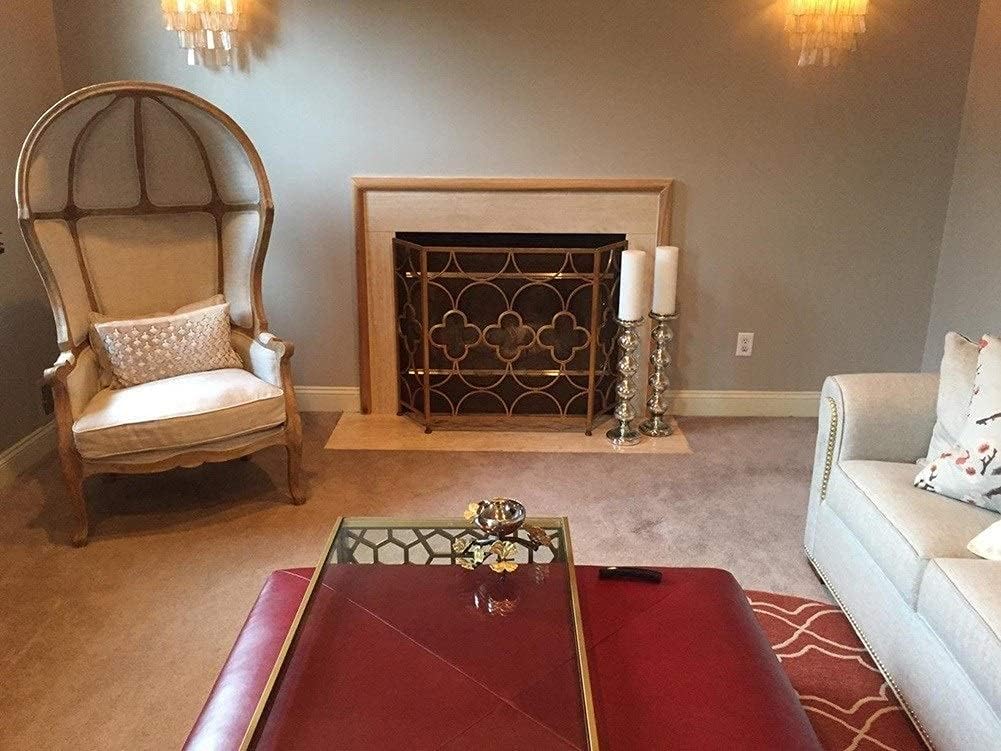 Fireplace Screen Guard, FireplaceProtection Brassy Gold Fireplace Screen， Heavy Duty Fire Screen Protector Mesh Screen Curtain with 4 Round Feet， Geometric Pattern Decor