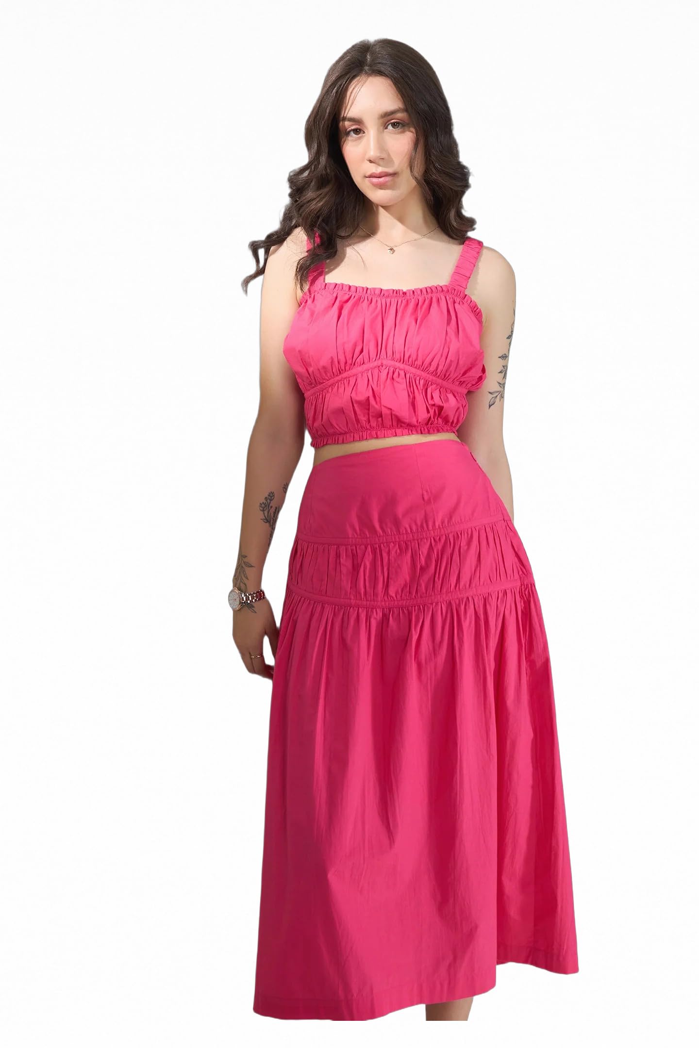 Solid Cotton Pink Gathered Midi Fit and Flare Casual Skirts for Women