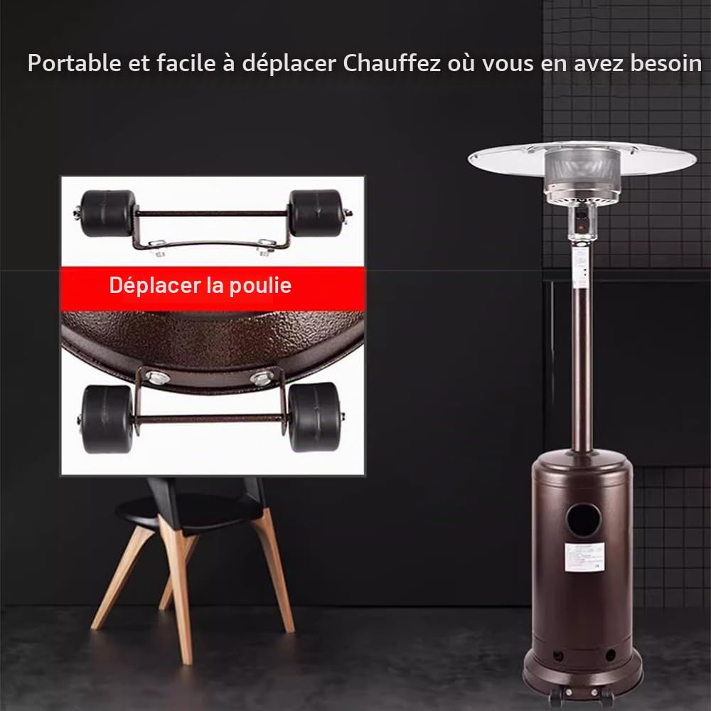Chauffage à gaz extérieur avec,Double Couche en Acier Inoxydable,Dispositif Anti-basculement,avec des roulettes et Une Table Ronde,Triple système de sécurité,pour Grandes terrasses, Jardins